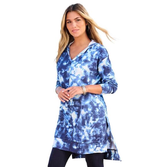 Roaman's Plus Size 18 20 Tie Dye French Terry Tunic Hoodie Sweatshirt Blue - Picture 1 of 6